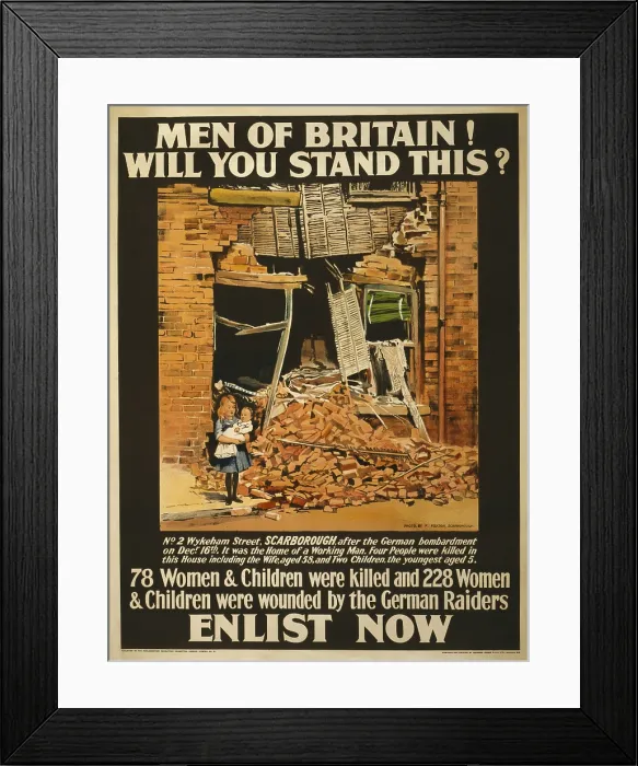 Framed Print : World War 1. Recruitment poster showing a little girl holding a baby outside a bomb-damaged building