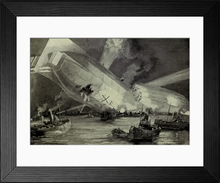 Framed Print : World War 1. German Zeppelin L15crashed in the Thames estuary after it was downed by a British airman. The dirigible broke in the middle and fell into the sea Framed Print : World War 1. German Zeppelin L15crashed in the Thames estuary after it was downed by a British airman. The dirigible broke in the middle and fell into the sea