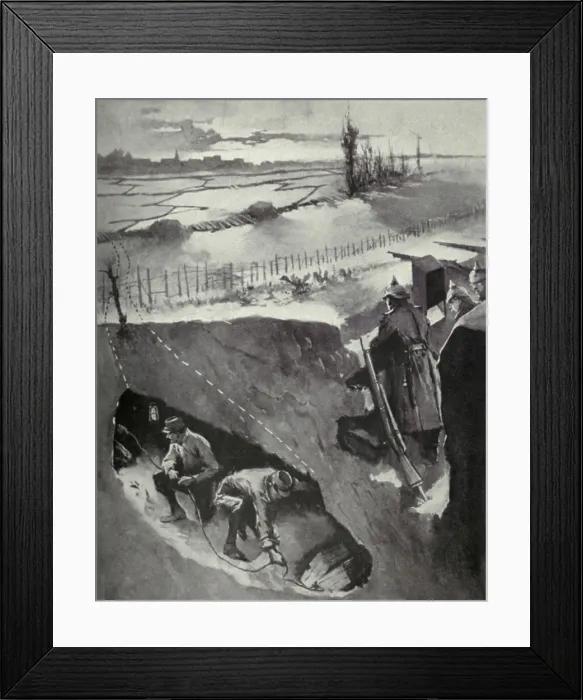 Framed Print : World War 1. A tunnel (marked by the dotted line) was dug under German trench Framed Print : World War 1. A tunnel (marked by the dotted line) was dug under German trench