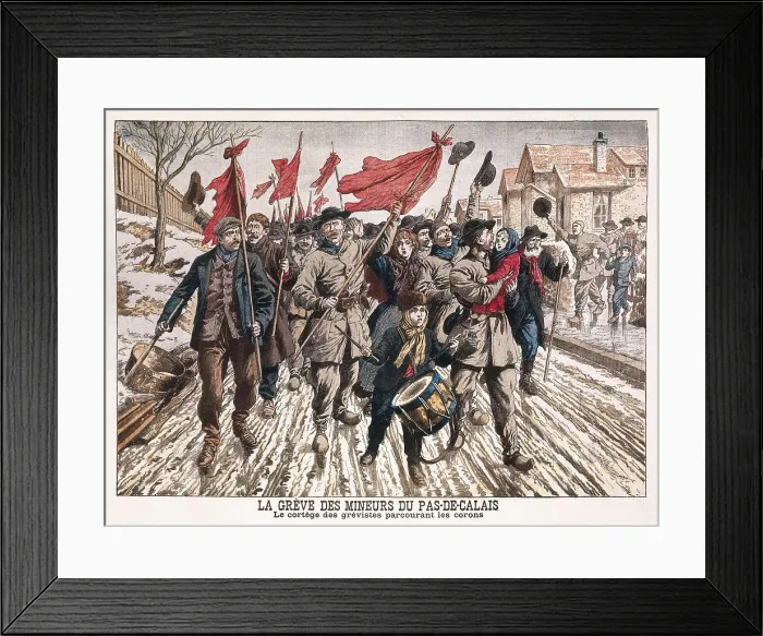 Framed Print : France (19th c.). Workers movement. Strike of miners in Pas-de-Calais. The strikers's demonstration on the streets of the city. Engraving. FRANCE. Paris