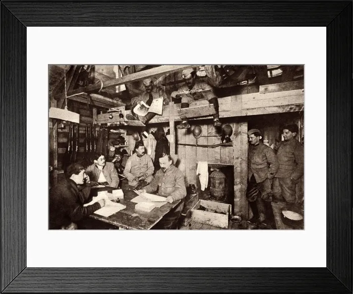 Framed Print : World War 1: Battle of Verdun. French officers working on their maps and reports in a heated dugout near Verdun on the Western Front. Ca. 1915-17. (BSLOC_2013_1_91) Framed Print : World War 1: Battle of Verdun. French officers working on their maps and reports in a heated dugout near Verdun on the Western Front. Ca. 1915-17. (BSLOC_2013_1_91)