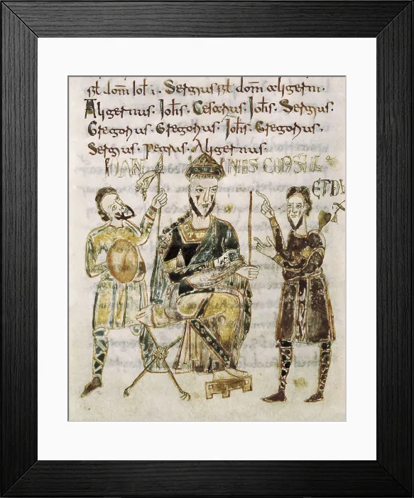 Framed Print : King John, illustration of the Codex legum Longobardorum. Lombard romanesque. Romanesque art. Miniature Painting. ITALY. Cava de Tirreni. Archives of the Abbey