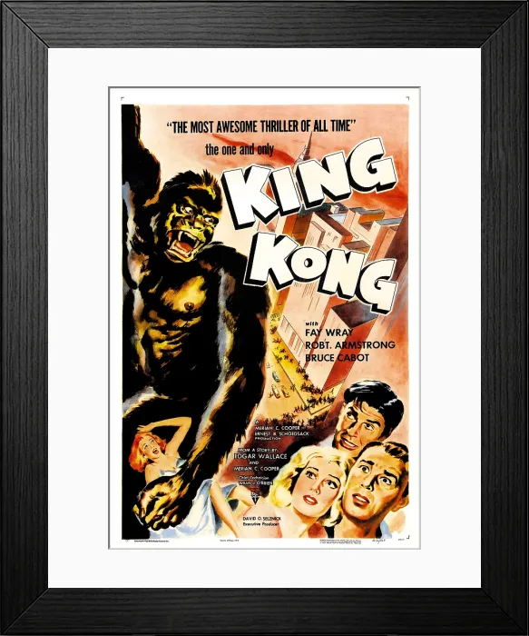 Framed Print : KING KONG, left from top: King Kong, Fay Wray, bottom right from left: Fay Wray, Bruce Cabot, Robert Armstrong on 1956 re-release poster, 1933 Framed Print : KING KONG, left from top: King Kong, Fay Wray, bottom right from left: Fay Wray, Bruce Cabot, Robert Armstrong on 1956 re-release poster, 1933