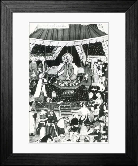 Framed Print : KUBLAI KHAN (1215-1294). Representation of Kublai Kahn on the Mongol throne. Persian miniature (16th c.). Persian art. Safavid period. Miniature Painting. TURKEY. Istanbul