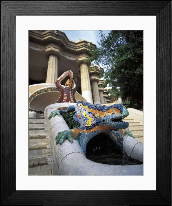 Framed Print : GAUDI i CORNET, Antoni (1852-1926). Park Gell. 1900-1914. SPAIN. CATALONIA. Barcelona. Park Gell. Dragon located in the main straway. Modernism. Ceramics; Architecture