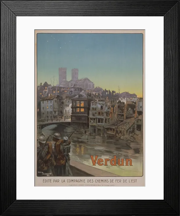 Framed Print : World War 1: Battle of Verdun. French poster shows soldiers marching beside a river and over a bridge into a ruined Verdun. 1919. (BSLOC_2013_1_97) Framed Print : World War 1: Battle of Verdun. French poster shows soldiers marching beside a river and over a bridge into a ruined Verdun. 1919. (BSLOC_2013_1_97)