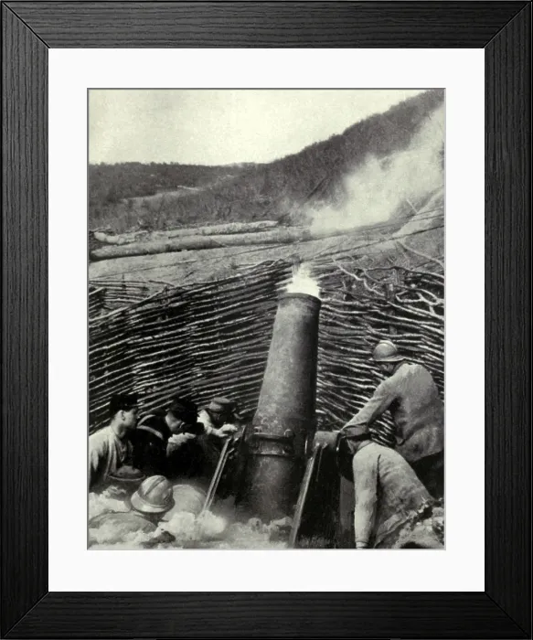 Framed Print : World War 1: Battle of Verdun. French mortar firing an eleven hundred pound shell over a hill into a German troops Framed Print : World War 1: Battle of Verdun. French mortar firing an eleven hundred pound shell over a hill into a German troops
