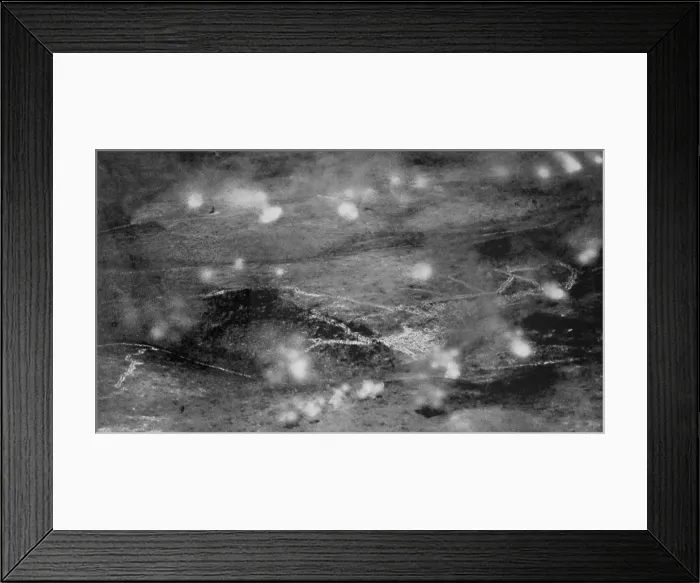 Framed Print : World War 1: Battle of Verdun. Photographed from a French aeroplane, smoke from French shells pounding the German lines are located near Fort Douaumont Framed Print : World War 1: Battle of Verdun. Photographed from a French aeroplane, smoke from French shells pounding the German lines are located near Fort Douaumont