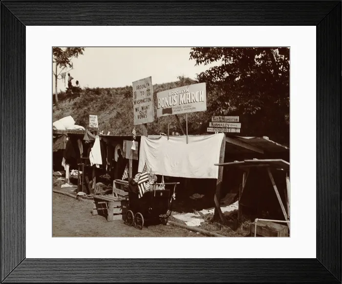 Framed Print : Encampment shanties of Brooklyn veterans in the Bonus Expeditionary Forces in Washington, D.C. Signs read: Brooklyn Bonus March; We Want Our Bonus; This is Hoovertown Framed Print : Encampment shanties of Brooklyn veterans in the Bonus Expeditionary Forces in Washington, D.C. Signs read: Brooklyn Bonus March; We Want Our Bonus; This is Hoovertown