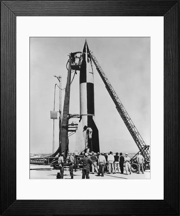 Framed Print : V-2 rocket, before launching at the U.S. Army proving grounds, White Sands, N.M. On May 7, 1946 its Flight-control instruments were adjusted on the launch pad