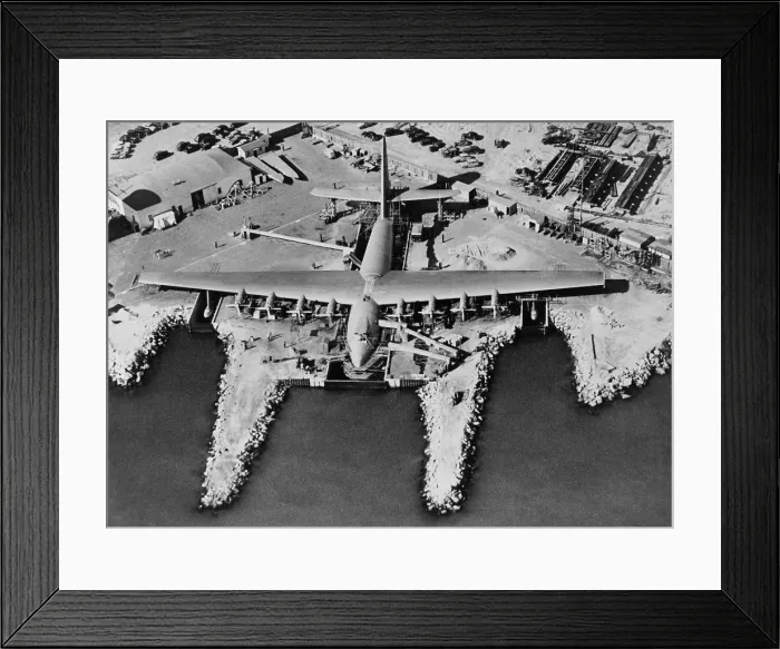 Framed Print : Aerial view of Hughes Flying-boat seaplane under construction at its dock in Long Beach, 1947