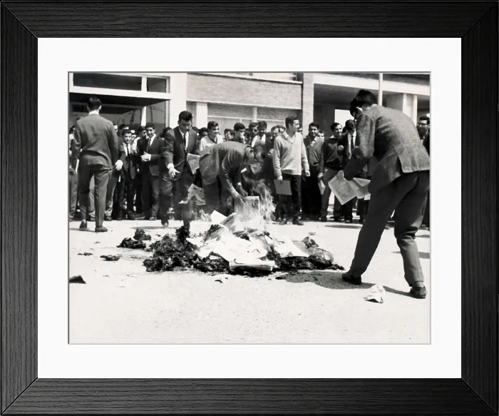Framed Print : Madrid. Student demonstration (3rd May 1966). Students burning newspapers in front of the Faculty of Economics. AISA / Everett Collection**US SALES ONLY**