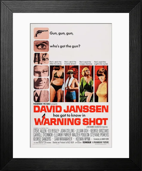 Framed Print : WARNING SHOT, US poster art, David Janssen, (left), Eleanor Parker, (second right), Stefanie Powers, (right), 1967