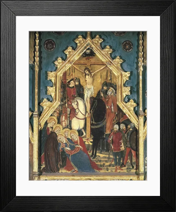 Framed Print : SERRA, Jaume (1358-1397); SERRA, Pere (1343-1406). Altarpiece of the Virgin. 1362 - 1375. Central upper detail of the Crucifixion. Tempera on wood. SPAIN. Barcelona