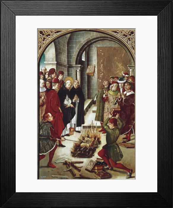 Framed Print : BERRUGUETE, Pedro (1450-1504). Saint Dominic and the Albigensians. end 15th c. The Burning of the heretic books while the Catholic book is on the air