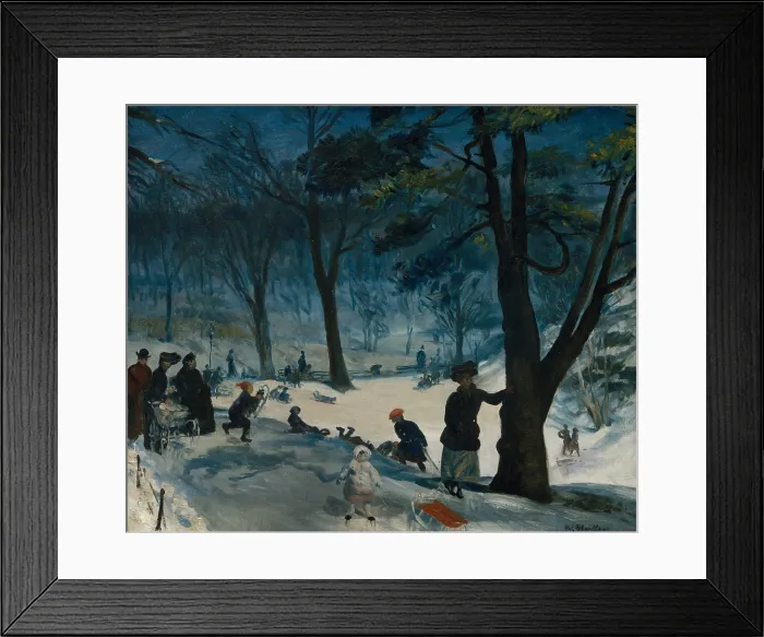 Framed Print : CENTRAL PARK, WINTER, by William Glackens, 1905, American painting, oil on canvas. The bright white of the snow is emphasized against the dark blue and green of the sky and trees