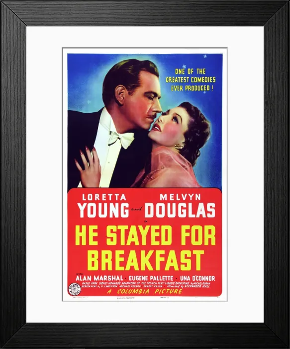 Framed Print : HE STAYED FOR BREAKFAST, US poster art, from left: Melvyn Douglas, Loretta Young, 1940 Framed Print : HE STAYED FOR BREAKFAST, US poster art, from left: Melvyn Douglas, Loretta Young, 1940