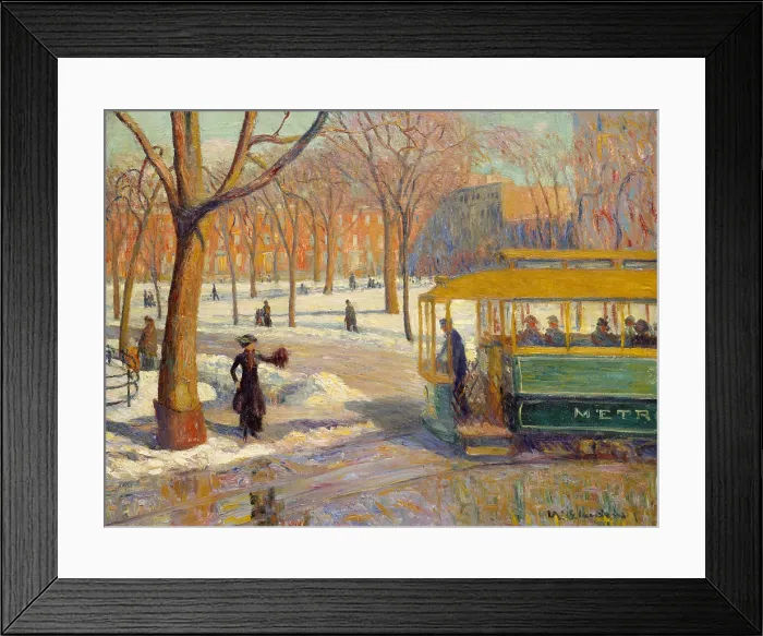 Framed Print : SWANS IN CENTRAL PARK, by George Bellows, 1906 American painting, oil on canvas. Children are feeding the tame swans in a pond of Central Park