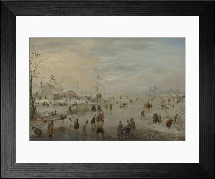 Framed Print : Enjoying the Ice, by Hendrick Avercamp, c. 1615-20, Dutch painting, oil on panel. Dutch Golden Age scene with men in foreground playing a hockey-like game