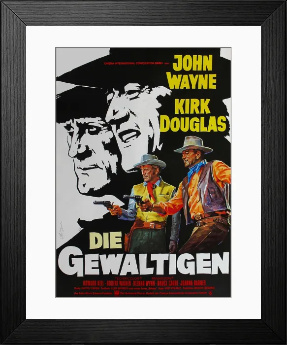 Framed Print : THE WAR WAGON, (aka DIE GEWALTIGEN), top and bottom l-r: Kirk Douglas, John Wayne on Austrian poster art, 1967