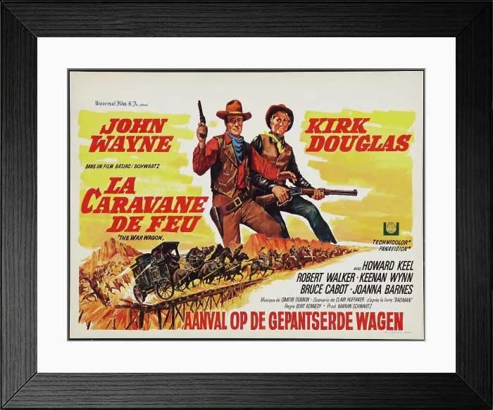 Framed Print : THE WAR WAGON, (aka LA CARAVANE DE FEU), l-r: John Wayne, Kirk Douglas on French poster art, 1967