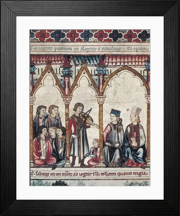 Framed Print : Cantigas de Santa Maria (Virgin Mary Songs). 13th c. Scenes with the Castilian and the Spanish-Arabic armies. Gothic art. Miniature Painting. SPAIN. San Lorenzo de El Escorial