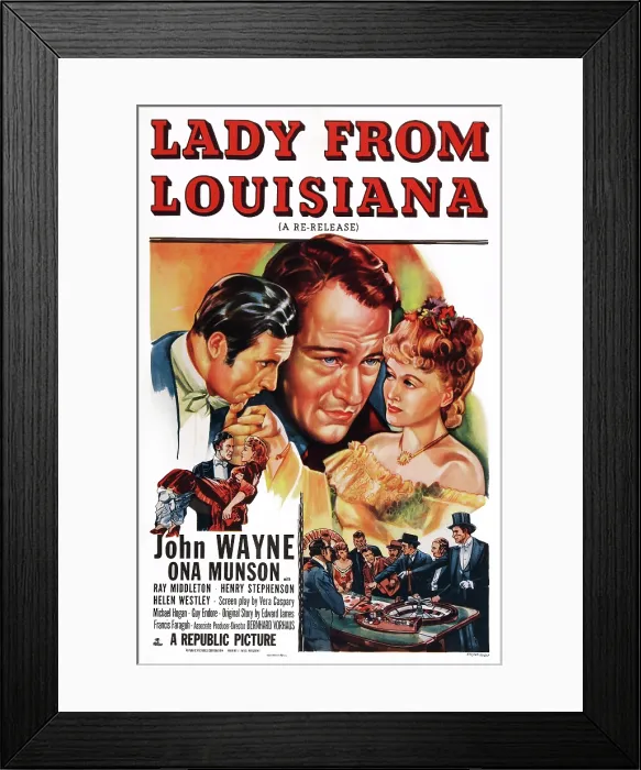 Framed Print : LADY FROM LOUISIANA, John Wayne, Ona Munson, featured on 1953 reissue poster, 1941 Framed Print : LADY FROM LOUISIANA, John Wayne, Ona Munson, featured on 1953 reissue poster, 1941