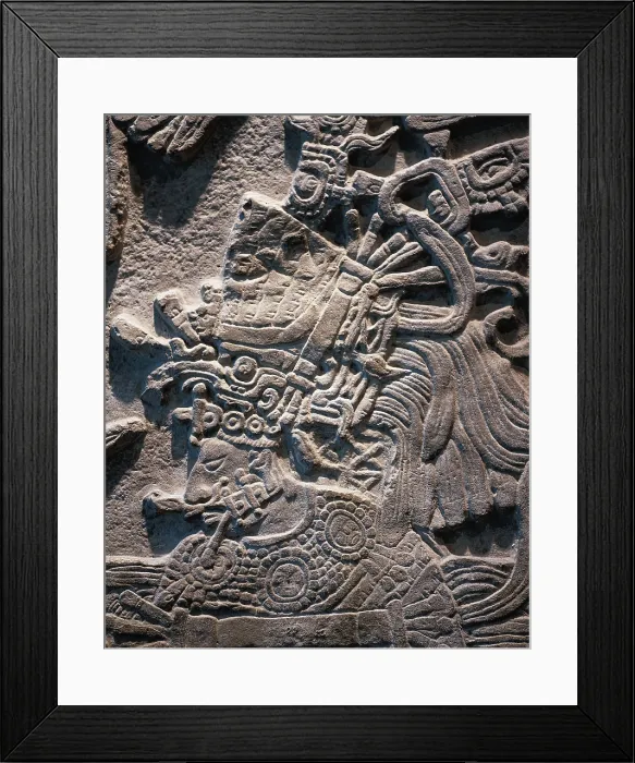 Framed Print : Yaxchiln Lintel 53. 766. Late Classic period. Ritual scene with the governor Jaguar Shield, wearing quetzal feathers. Maya art. Relief on rock. MEXICO. Mexico City