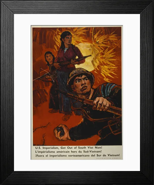 Framed Print : Communist China Poster reads, U.S. imperialism, get out of South Viet Nam! Ca. 1970. Poster depicts men and women soldiers of North Vietnam in heroic poses in a jungle