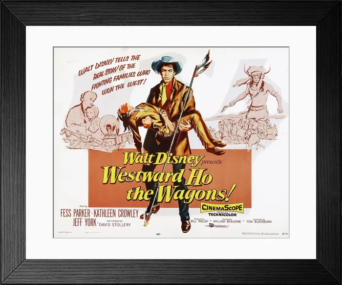 Framed Print : WESTWARD HO, THE WAGONS!, US lobbycard, Fess Parker, (center), 1956 Framed Print : WESTWARD HO, THE WAGONS!, US lobbycard, Fess Parker, (center), 1956