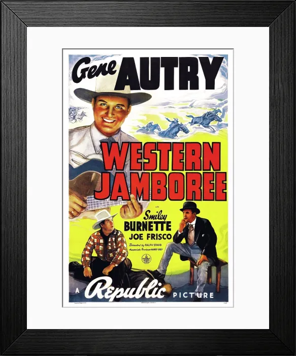 Framed Print : WESTERN JAMBOREE, US poster art, from top left: Gene Autry, Smiley Burnette, Joe Frisco, 1938 Framed Print : WESTERN JAMBOREE, US poster art, from top left: Gene Autry, Smiley Burnette, Joe Frisco, 1938
