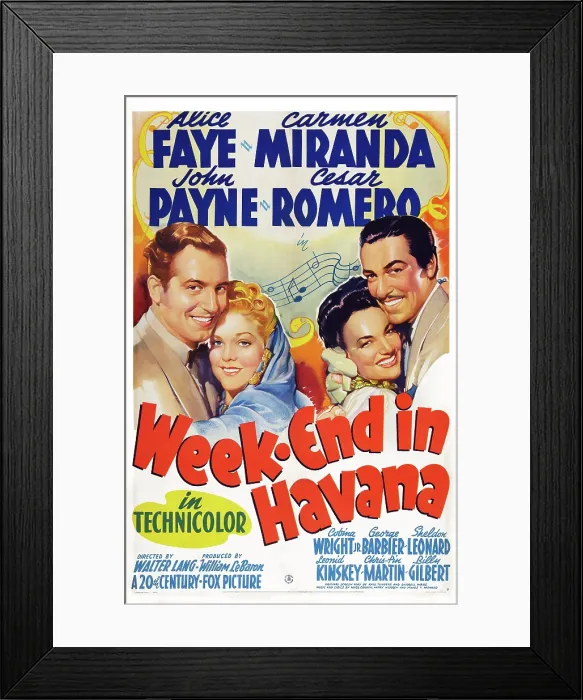 Framed Print : WEEK-END IN HAVANA, US poster art, from left: John Payne, Alice Faye, Carmen Miranda, Cesar Romero, 1941. TM and Copyright 20th Century Fox Film Corp