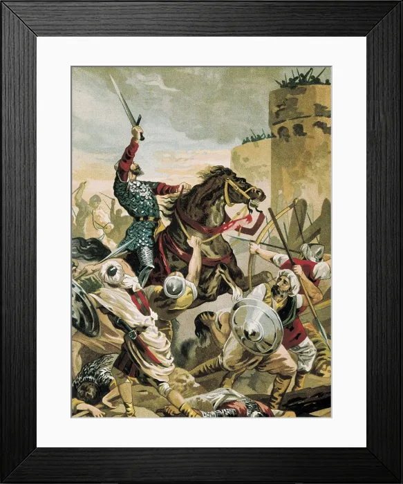 Framed Print : CID, Rodrigo Daz de Vivar, called The (1043-1099). The Cid at the siege of Valencia fighting against the Saracens. Drawing. AISA / Everett Collection**US SALES ONLY**