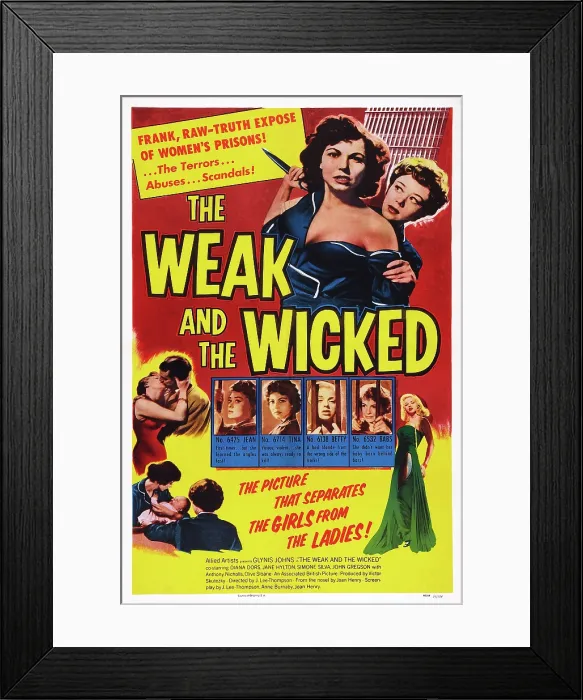 Framed Print : THE WEAK AND THE WICKED, (aka YOUNG AND WILLING), US poster art, inserts from left: Glynis Johns, Simone Silva, Diana Dors, Jane Hylton, 1954 Framed Print : THE WEAK AND THE WICKED, (aka YOUNG AND WILLING), US poster art, inserts from left: Glynis Johns, Simone Silva, Diana Dors, Jane Hylton, 1954