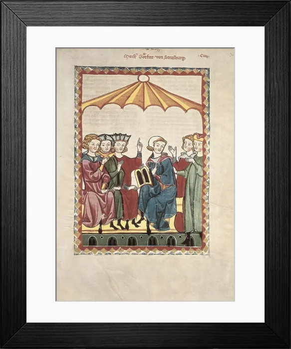 Framed Print : Codex Manesse. 1300-1315. Miniature with representation by the poet Gottfried von Strassburg. Gothic art. Miniature Painting. GERMANY. Heidelberg. Heidelberg University Library Framed Print : Codex Manesse. 1300-1315. Miniature with representation by the poet Gottfried von Strassburg. Gothic art. Miniature Painting. GERMANY. Heidelberg. Heidelberg University Library