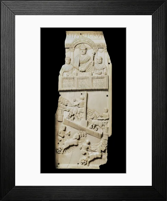 Framed Print : Diptych depicting a chariot race. 5th c. Paleo-christian art. Sculpture on ivory. ITALY. Brescia. Christian Civic Museum. Proc: TUNISIA. AISA / Everett Collection**US SALES ONLY**
