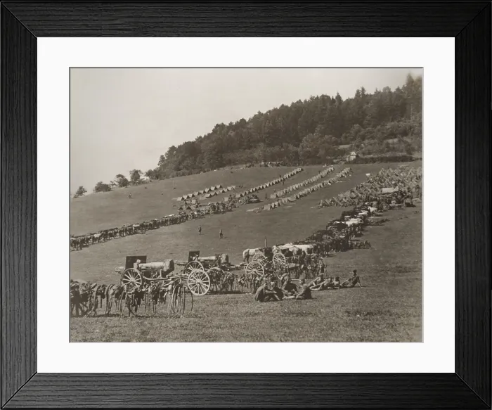 Framed Print : Third Battalion, 13th Regiment, Heavy Field Artillery, 4th Division, camping on French hillside. 155-mm. guns can be seen in the background almost hidden by camouflage
