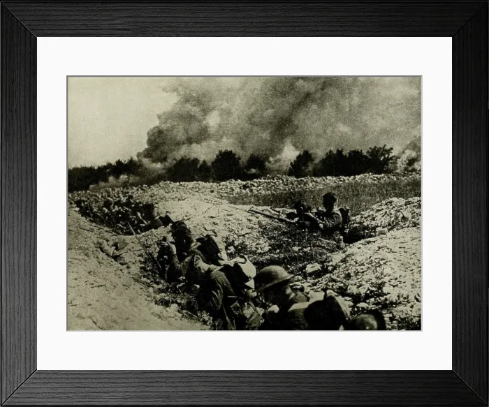 Framed Print : American soldiers in shell holes in No Mans Land prepare for gas waves coming toward them. France, 1918 (BSLOC_2016_13_148.jpg ) Framed Print : American soldiers in shell holes in No Mans Land prepare for gas waves coming toward them. France, 1918 (BSLOC_2016_13_148.jpg )