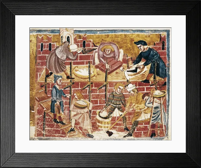 Framed Print : Manuscript 'Facts of the Romans' (13th c.). Bricklayers. Miniature Painting. ITALY. Venice. Biblioteca nazionale marciana (St. Mark's Library) Framed Print : Manuscript 'Facts of the Romans' (13th c.). Bricklayers. Miniature Painting. ITALY. Venice. Biblioteca nazionale marciana (St. Mark's Library)