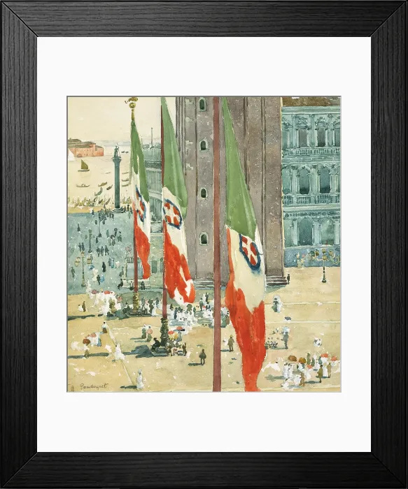 Framed Print : PIAZZA DI SAN MARCO, by Maurice Brazil Prendergast, 1898-99, American painting, watercolor. Flags dominate the scene, that recedes into the Venetian lagoon, with the St Framed Print : PIAZZA DI SAN MARCO, by Maurice Brazil Prendergast, 1898-99, American painting, watercolor. Flags dominate the scene, that recedes into the Venetian lagoon, with the St