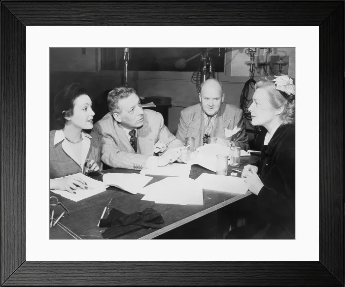 Framed Print : Actors rehearse a radio dramatization of the play Goodbye Again for a radio performance, 1950