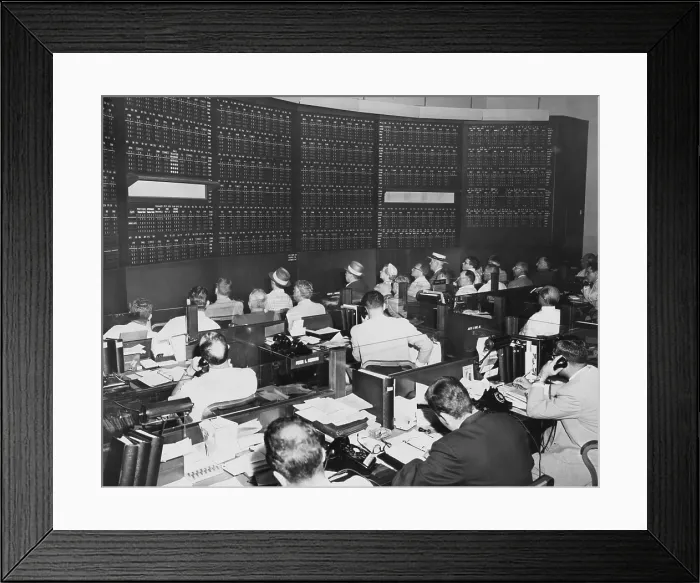 Framed Print : Big board in Merrill Lynch, Pierce, Fenner & Beane's office at 148 Pierrepont Street in Brooklyn