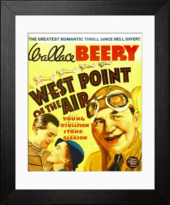 Framed Print : WEST POINT OF THE AIR, from left: Robert Young, Maureen O'Sullivan, Wallace Beery on window card, 1935 Framed Print : WEST POINT OF THE AIR, from left: Robert Young, Maureen O'Sullivan, Wallace Beery on window card, 1935