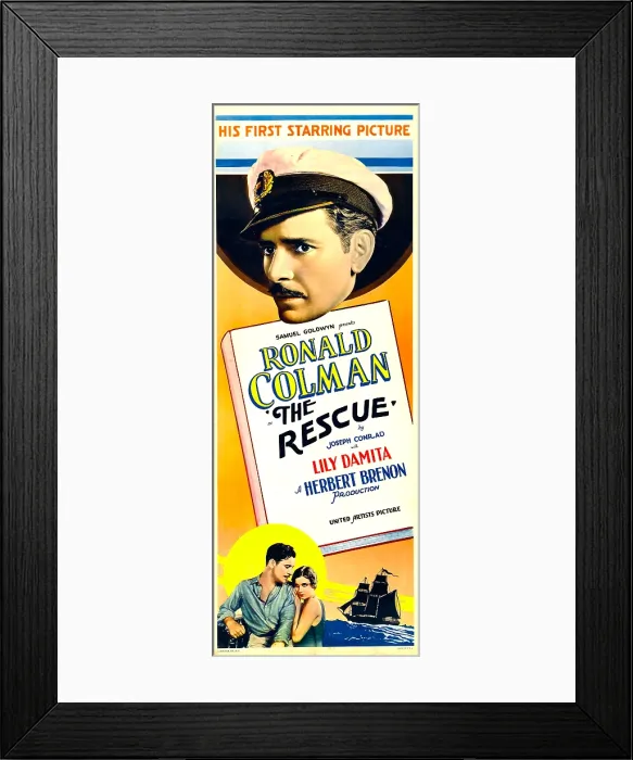 Framed Print : THE RESCUE, top: Ronald Colman, bottom from left: Ronald Colman, Lili Damita on insert poster, 1929