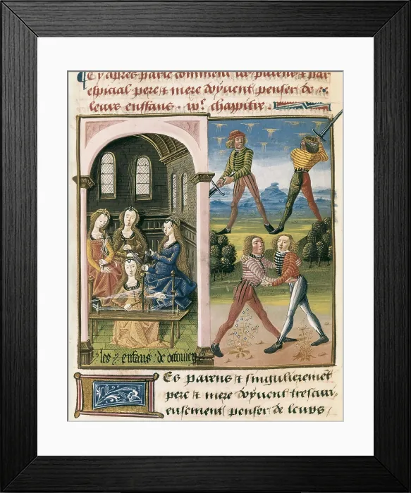 Framed Print : The Book of Good Morals by Jacques Le Grant (1464). Miniature of the things that fathers shall teach to their sons. Gothic art. Miniature Painting. FRANCE. Chantilly Framed Print : The Book of Good Morals by Jacques Le Grant (1464). Miniature of the things that fathers shall teach to their sons. Gothic art. Miniature Painting. FRANCE. Chantilly
