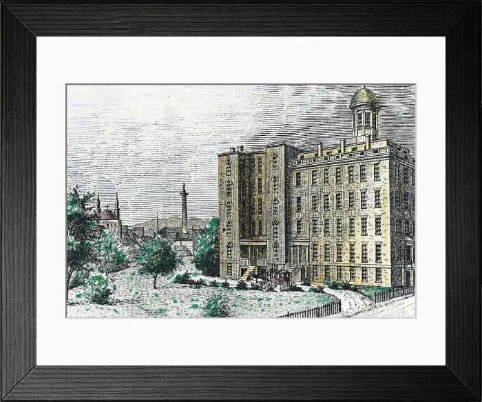 Framed Print : POE, Edgar Allan (1809-1849). Hospital in Baltimore where Poe died. Etching. AISA / Everett Collection**US SALES ONLY**