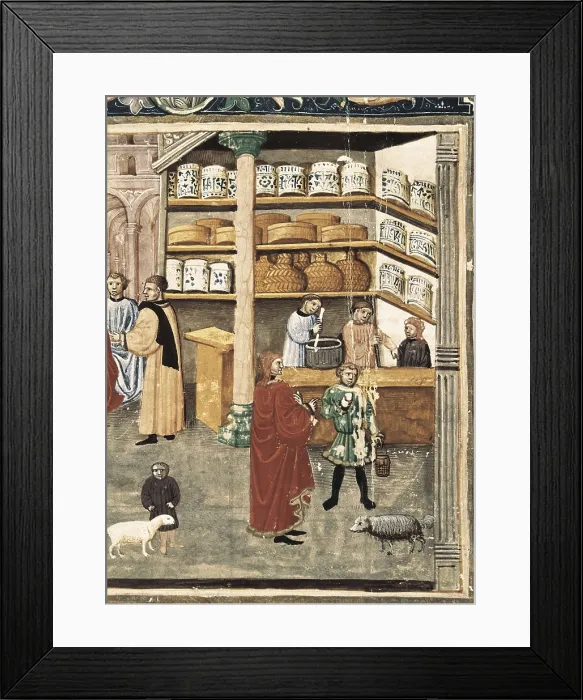 Framed Print : Canon of Medicine. s.XIV. Detail of an illuminated page from the Canon of Medicine of Avicenna with a pharmacy scene. Miniature Painting. ITALY. Modena. Estense Library