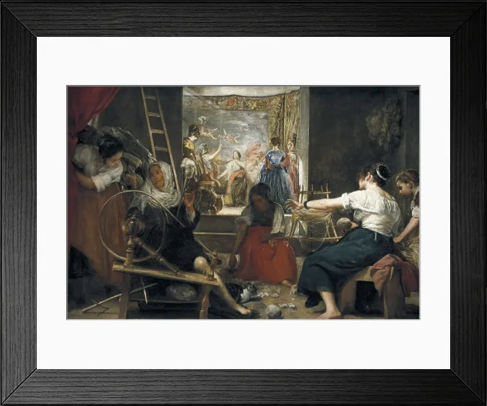 Framed Print : VELAZQUEZ, Diego Rodrguez de Silva (1599-1660). The Spinners, or The Fable of Arachne. 1657. Five women working Framed Print : VELAZQUEZ, Diego Rodrguez de Silva (1599-1660). The Spinners, or The Fable of Arachne. 1657. Five women working
