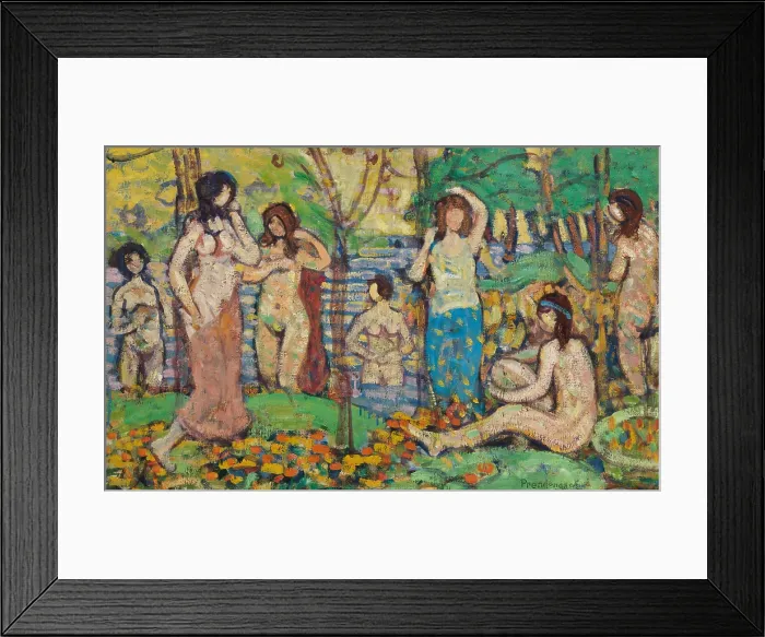Framed Print : BEACH NO 3, by Maurice Brazil Prendergast, c. 1913, Canadian-American painting, oil on canvas. An imaginary scene of seven mostly nude women among trees and beside water