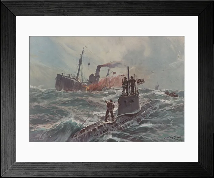 Framed Print : German submarine attacking an English merchant ship. 1916 painting by Willy Stower